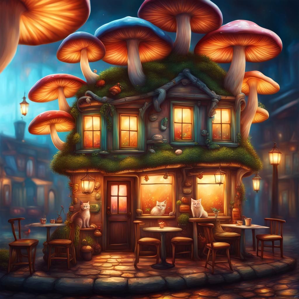 Colorful Mushroom Cafe with Cats in Hyperrealistic Style
