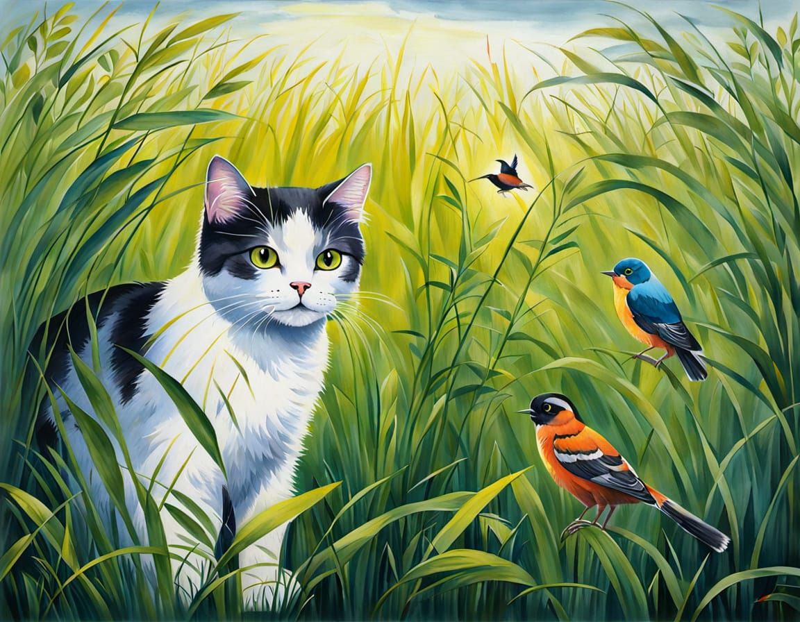 Cat and Bird in Tall Grass Painting