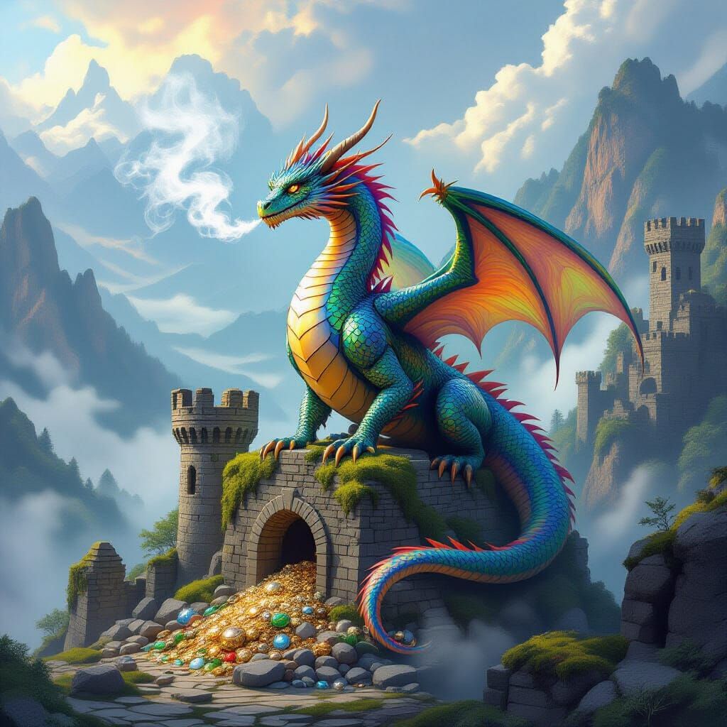 Rainbow Dragon on Ancient Ruins Overlooking Misty Valley