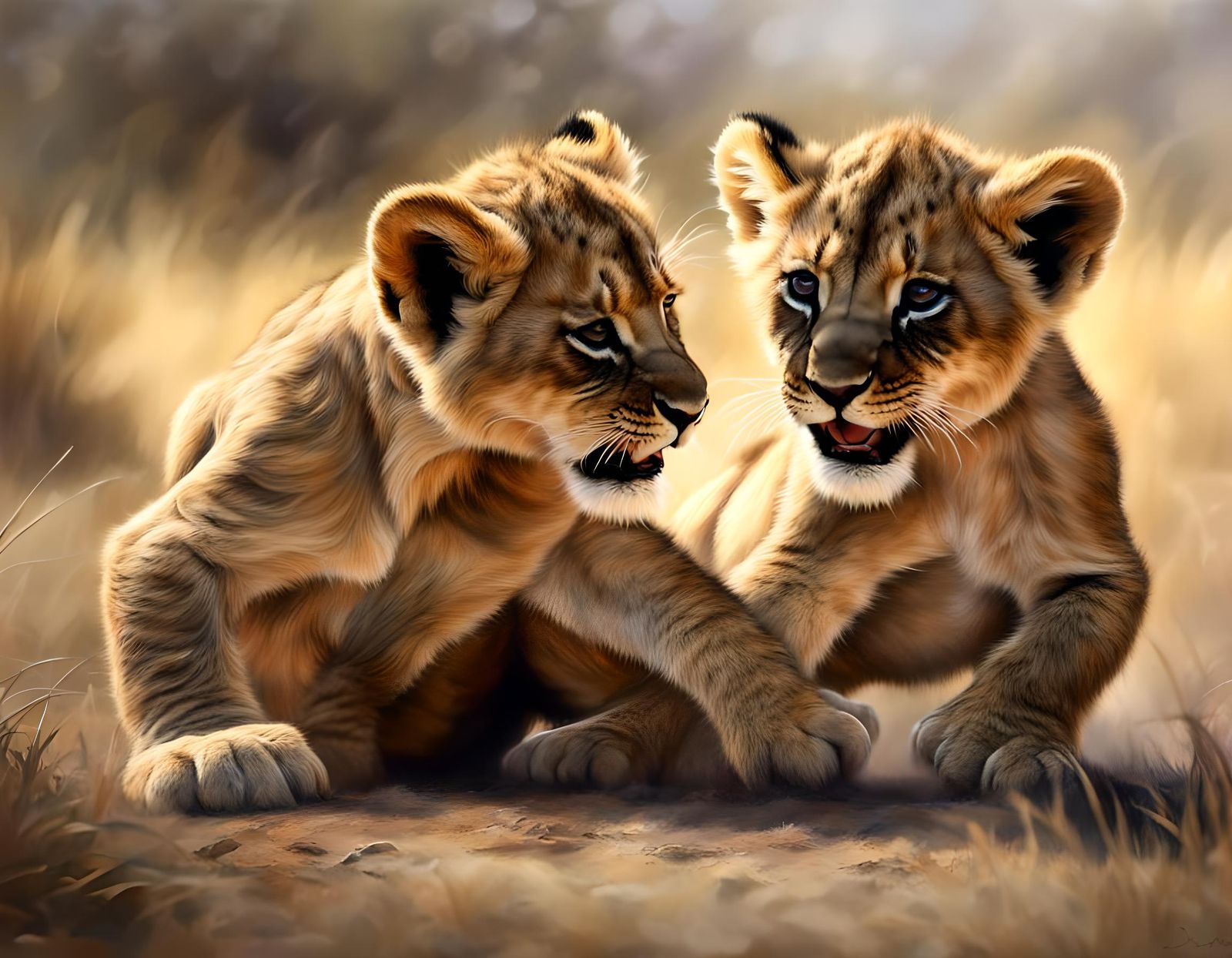 Lion Cubs Wrestling in Savannah, Digital Painting