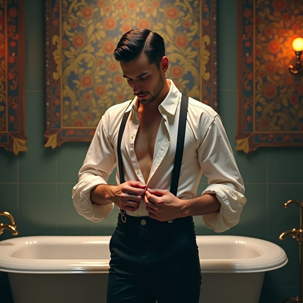 Victorian Gentleman Dressing in Mystical Bathroom