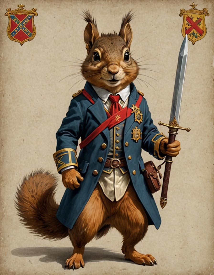 Anthropomorphic Squirrel Esquire with Sword and Coat of Arms
