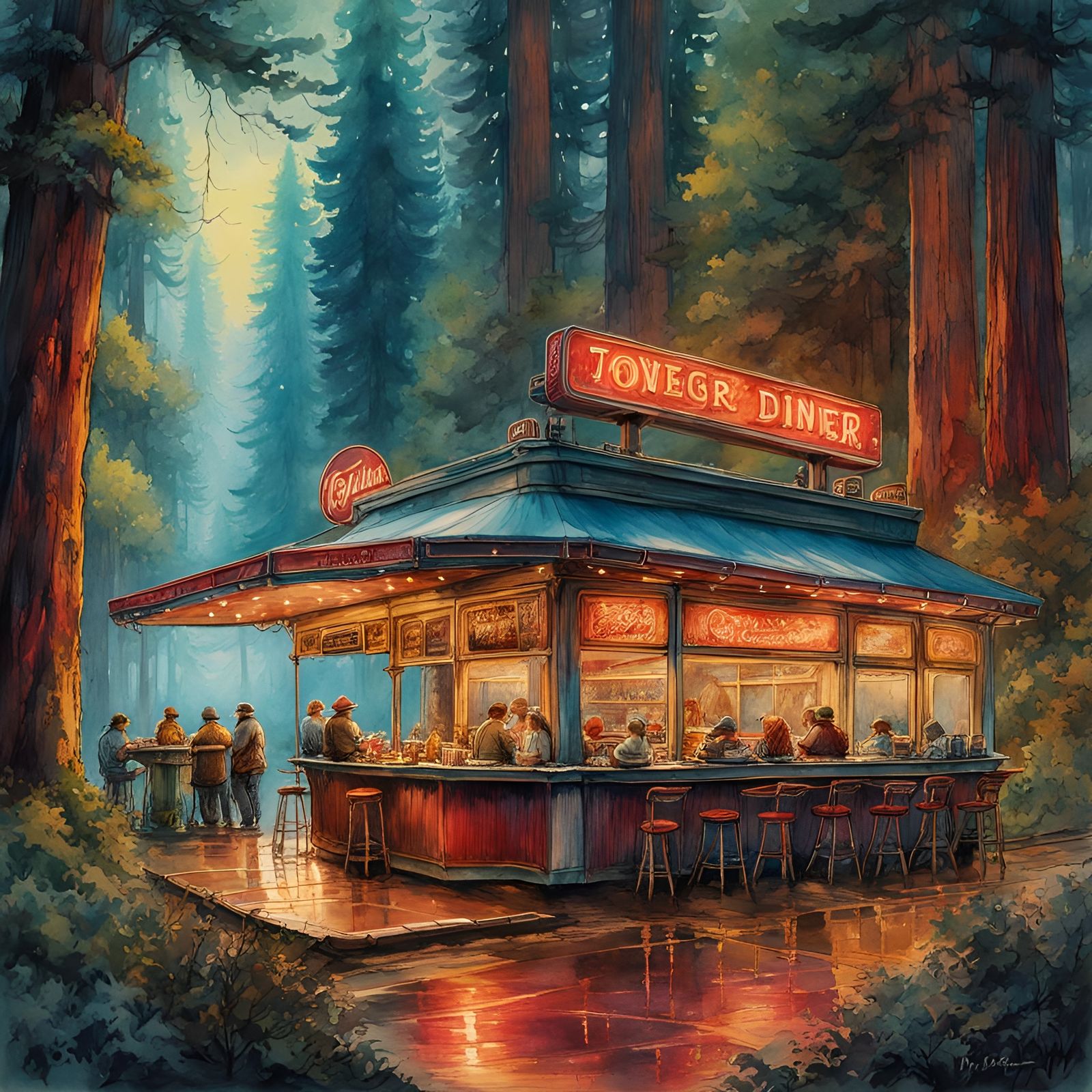 Roadside Diner in Redwood Forest: Watercolor Illustration