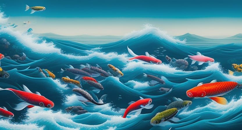 Koi Fish Drifting in Rough Seas, Oil Painting