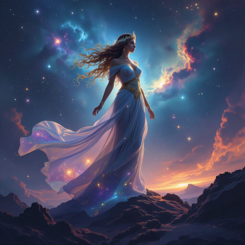 Celestial Goddess on Asteroid, Cosmic Art Style