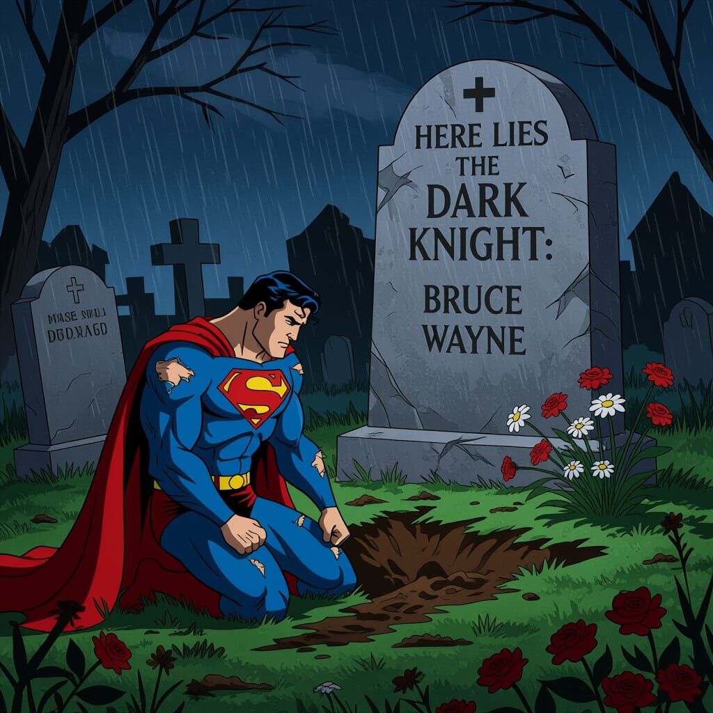Superman Mourns Batman in Gotham Cemetery