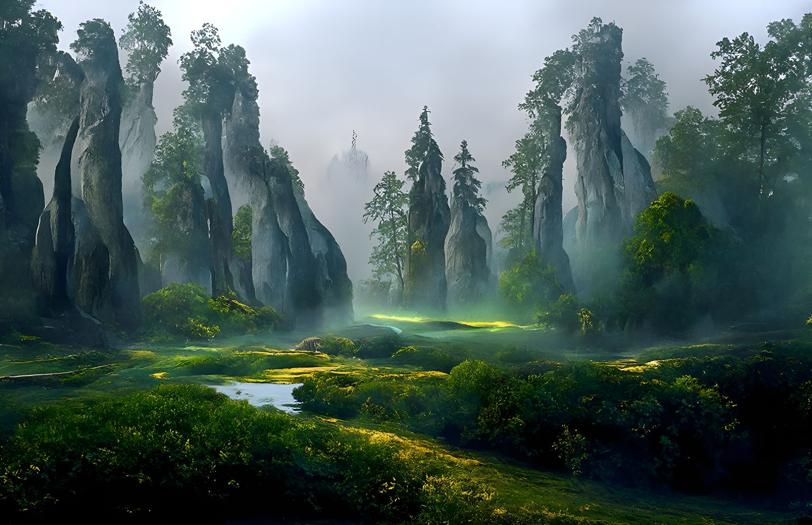 Misty Karst Forest: Digital Illustration in Expansive Style