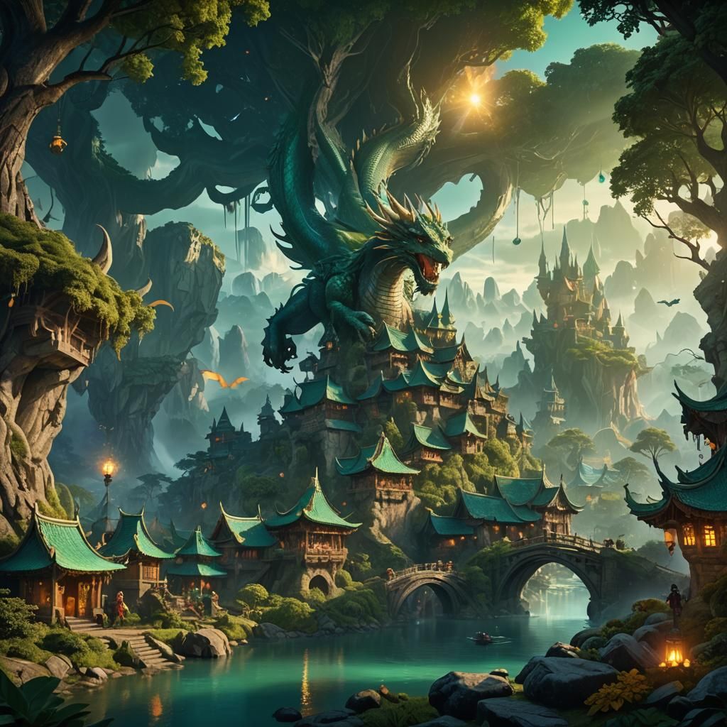 Mystical Dragon Village in Forest Concept Art