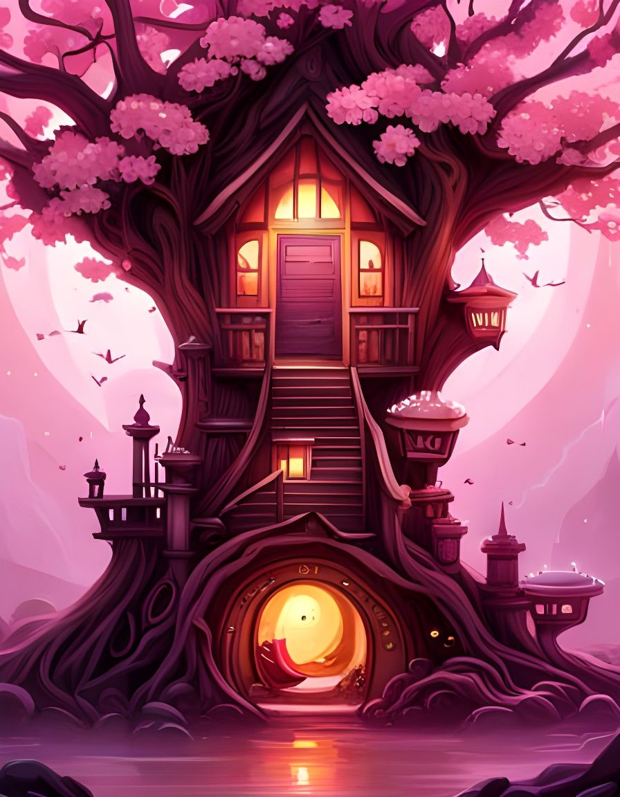 Magical Faerie Houses in Cherry Blossom Tree