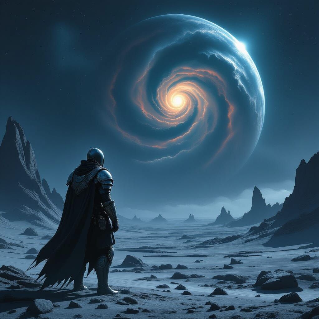 Stoic Soldier on Alien World Gazing at Cosmic Nebula
