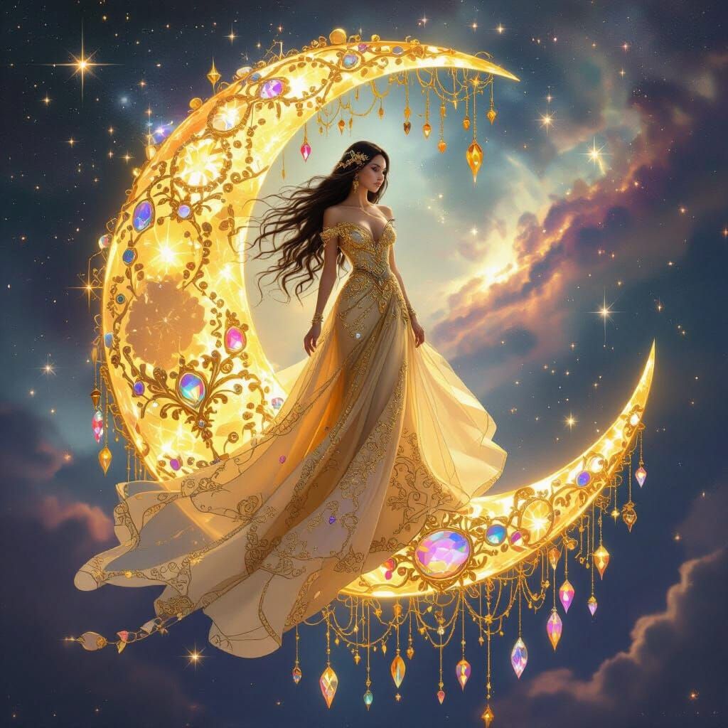 Goddess on Crystal Moon in Ethereal Nebula