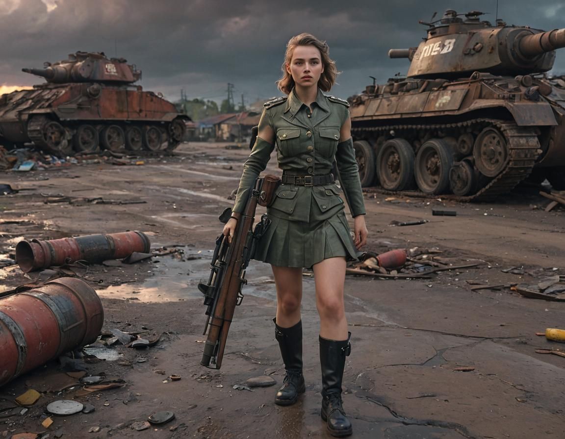 Dieselpunk Soldier Girl with Panzer Tank at Sunset