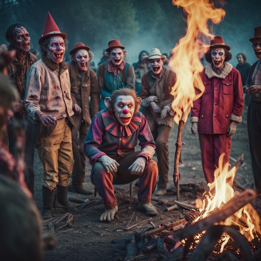 Cinematic Zombie Monkey Clown Villagers Around Bonfire