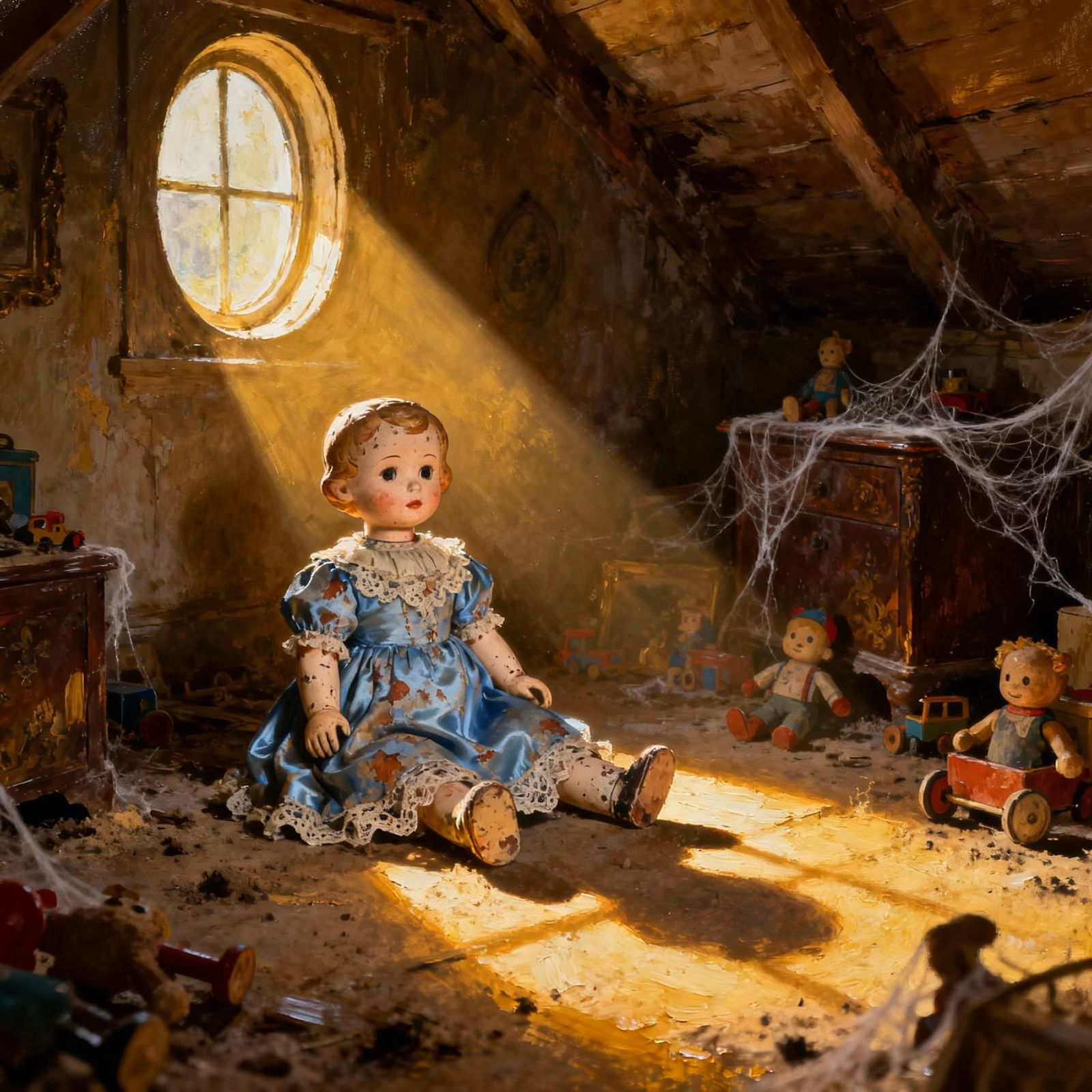 Porcelain Doll in Dusty Attic, Golden Sunlight