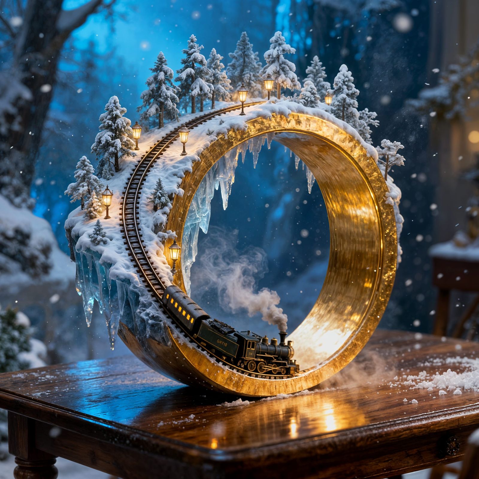 Golden Ring with Snowy Forest Scene & Steam Train