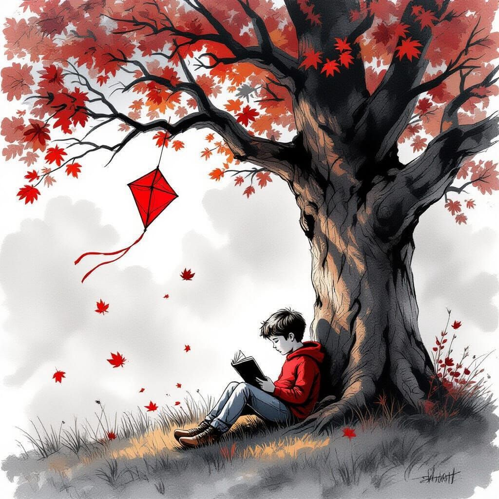 Boy Reading Under Oak Tree: Charcoal Sketch