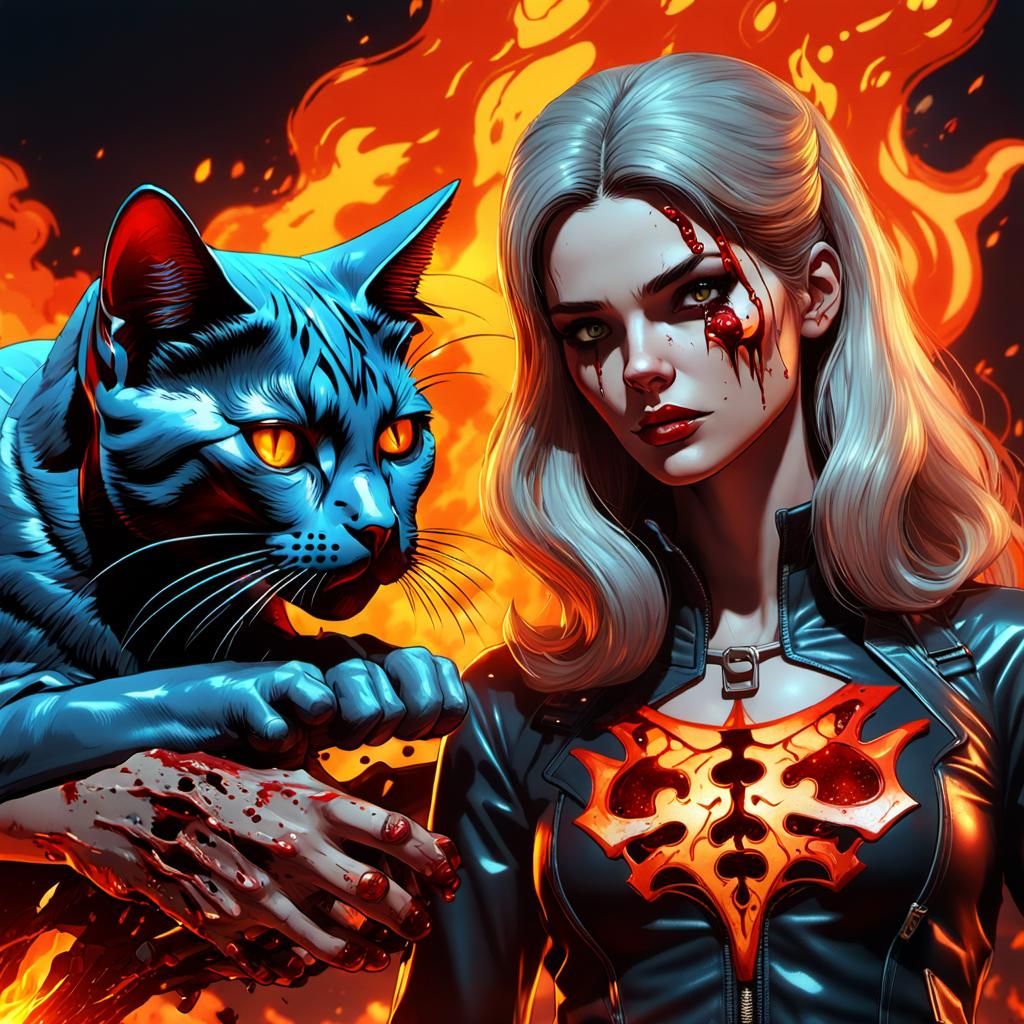 70s comic book beautiful woman with death the demonic kitten pulsating attractive body organizer of fire bloody mess pop...