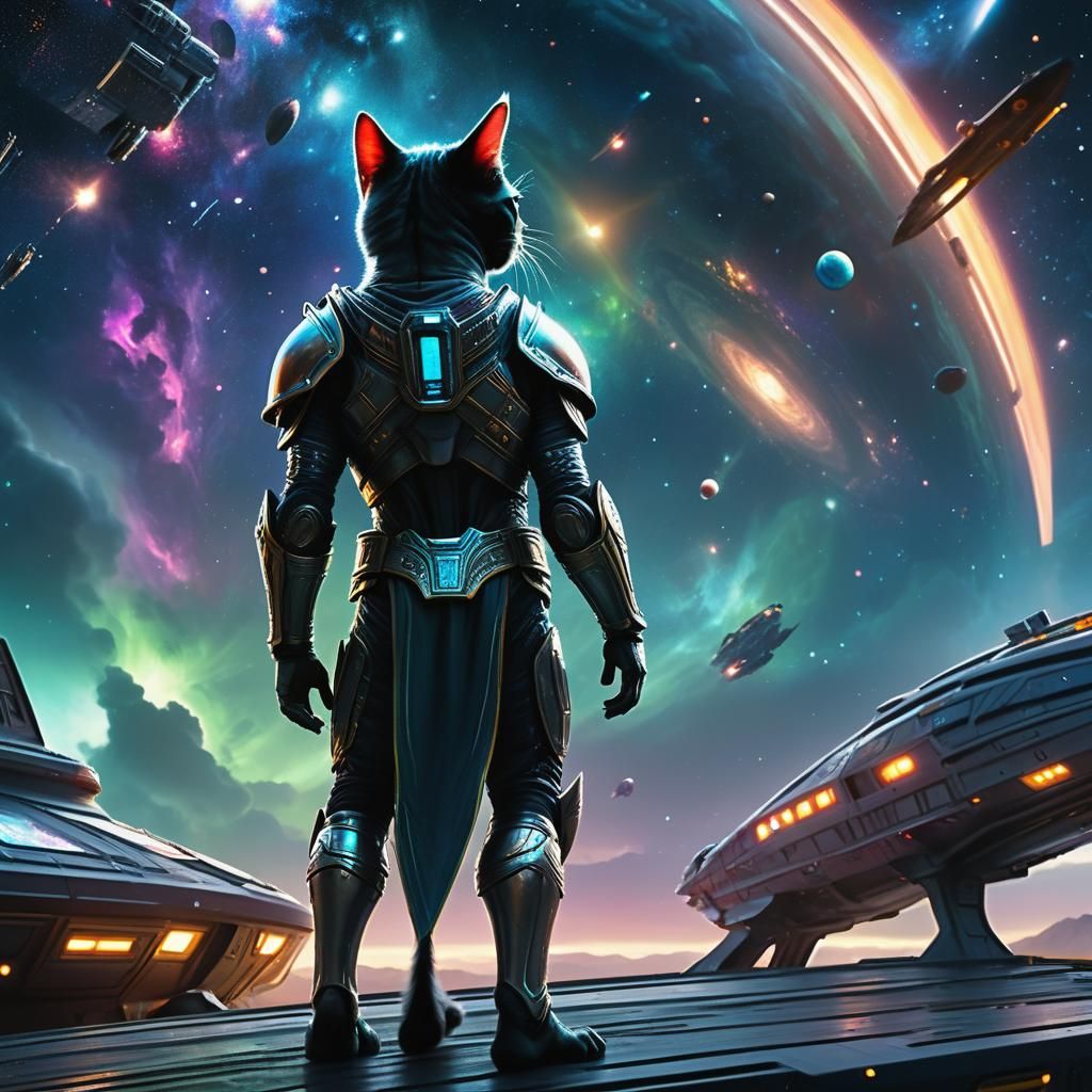 Alien Feline Warrior Gazing at Galaxy