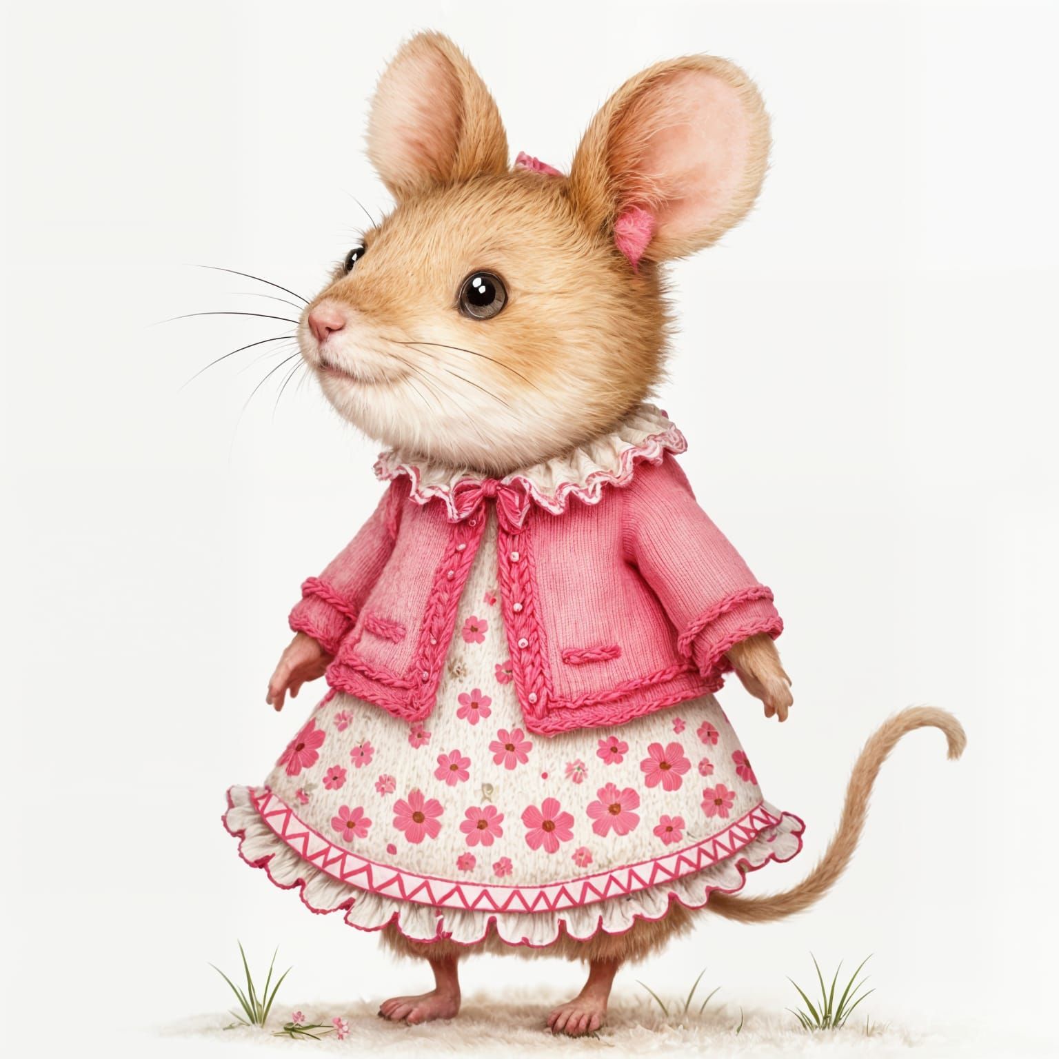 Cute Mouse Figurine in Pink Knitted Dress