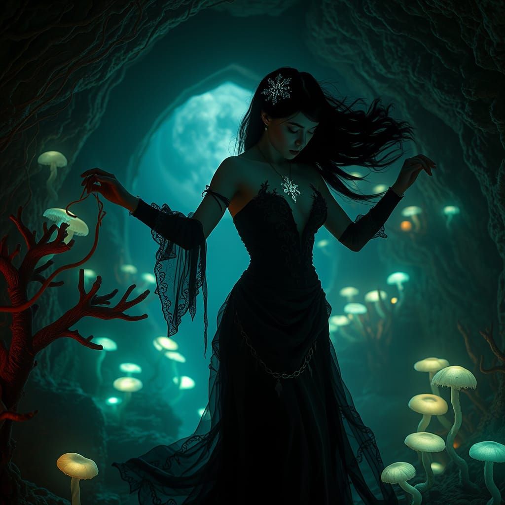 Gothic Beauty in a Haunting, Bioluminescent Realm
