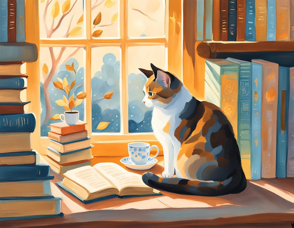 Cozy Cat in a Room with Warm Gouache Painting