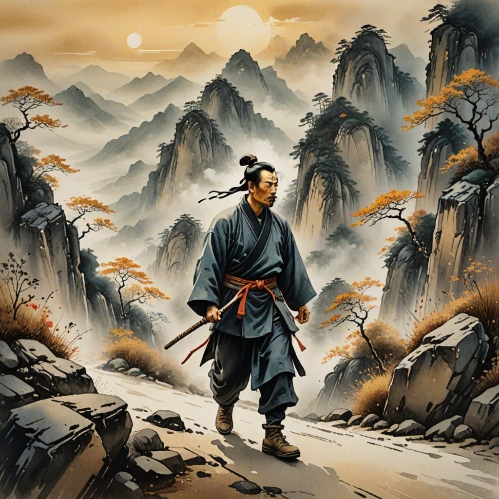 Serene Martial Arts Master in Chinese Watercolor Painting