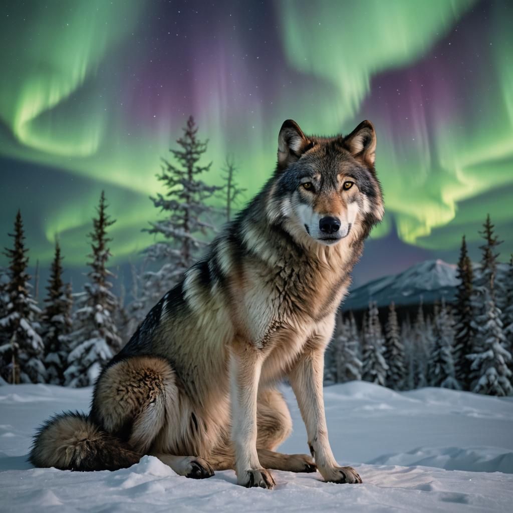 Grey Wolf Gazing at Northern Lights