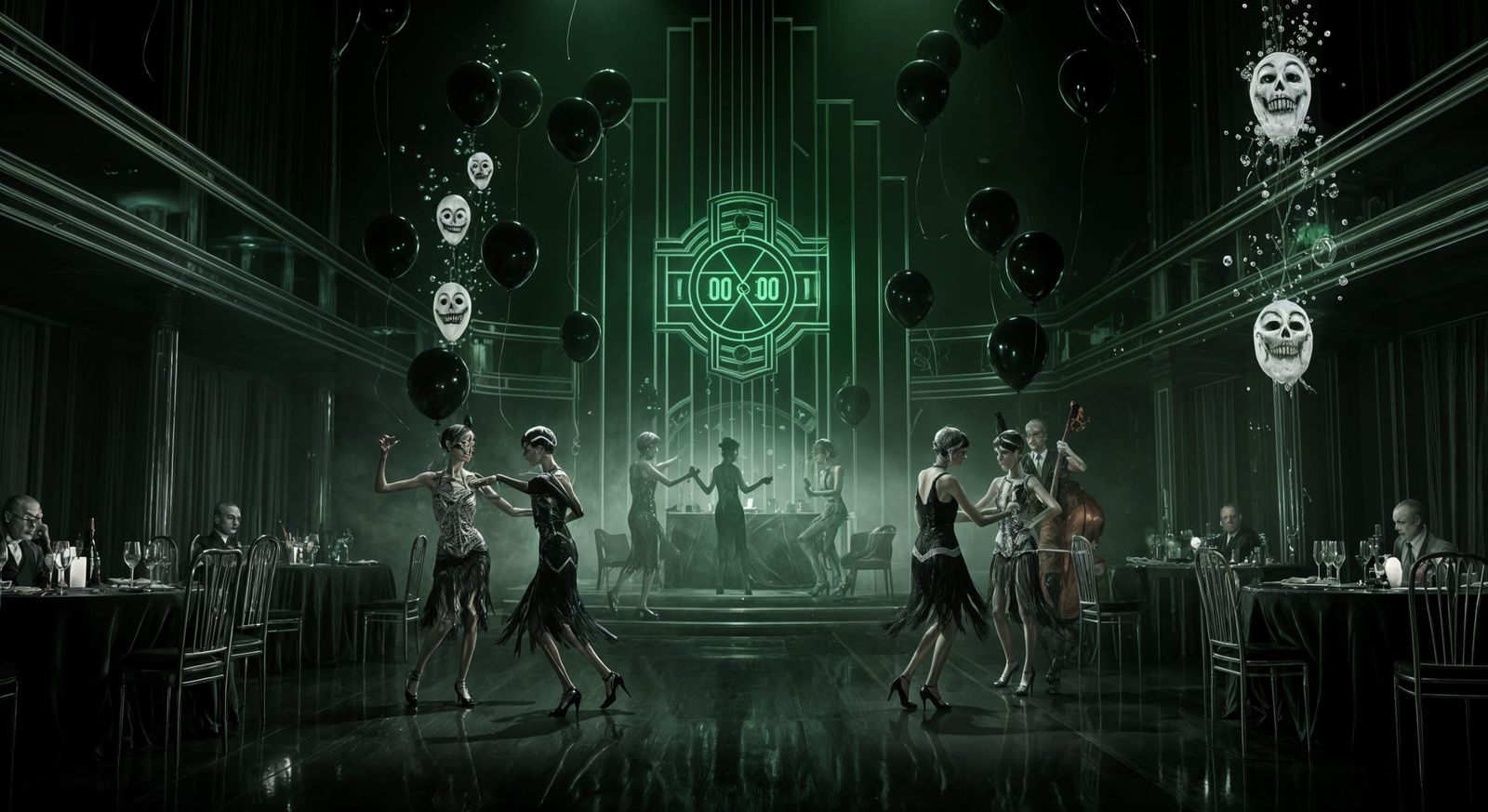 Haunted Art Deco Ballroom with Skeletal Dancers