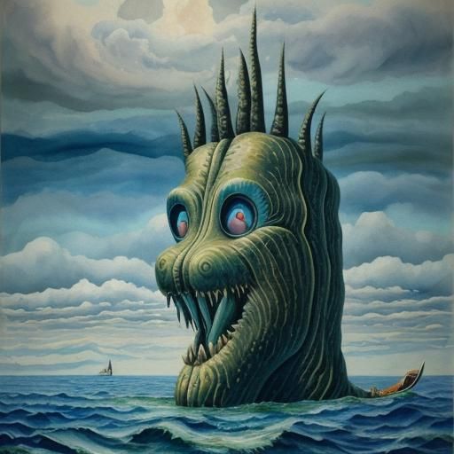 Loch Ness Monster Tourist Boat in Gouache Style