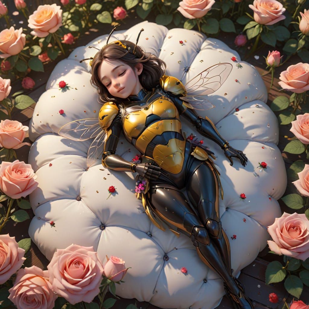 Princess Bee Sleeping in Roses: Anime-Inspired 3D Art