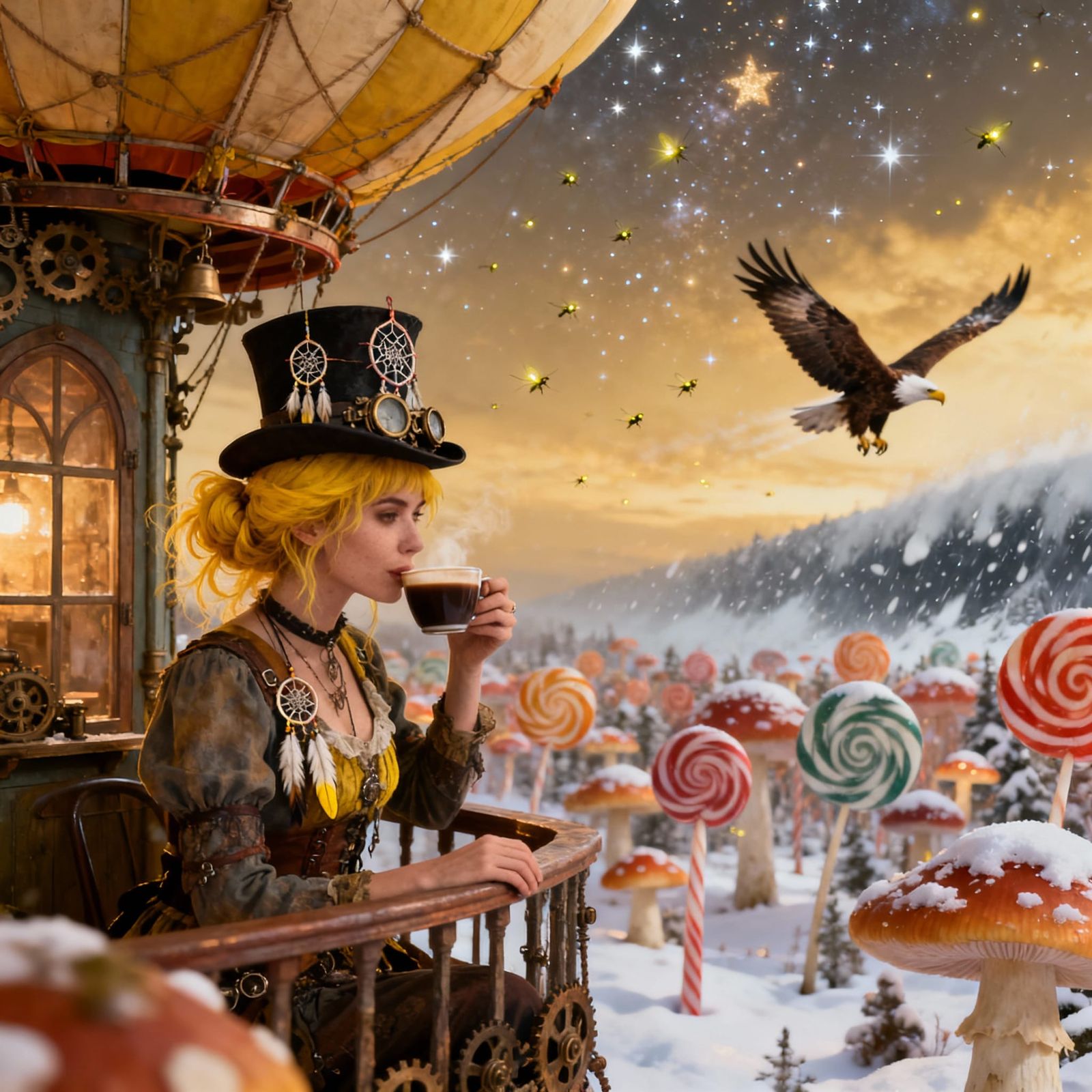 Steampunk Bohemian Woman with Yellow Hair in Hot Air Balloon