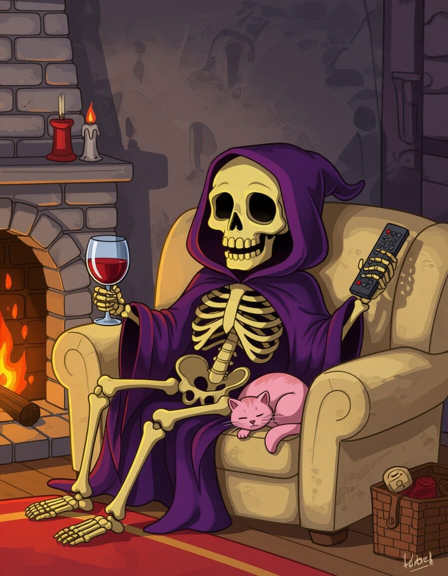 Skeleton Lounges with Cat by Fireplace, Cartoon Style