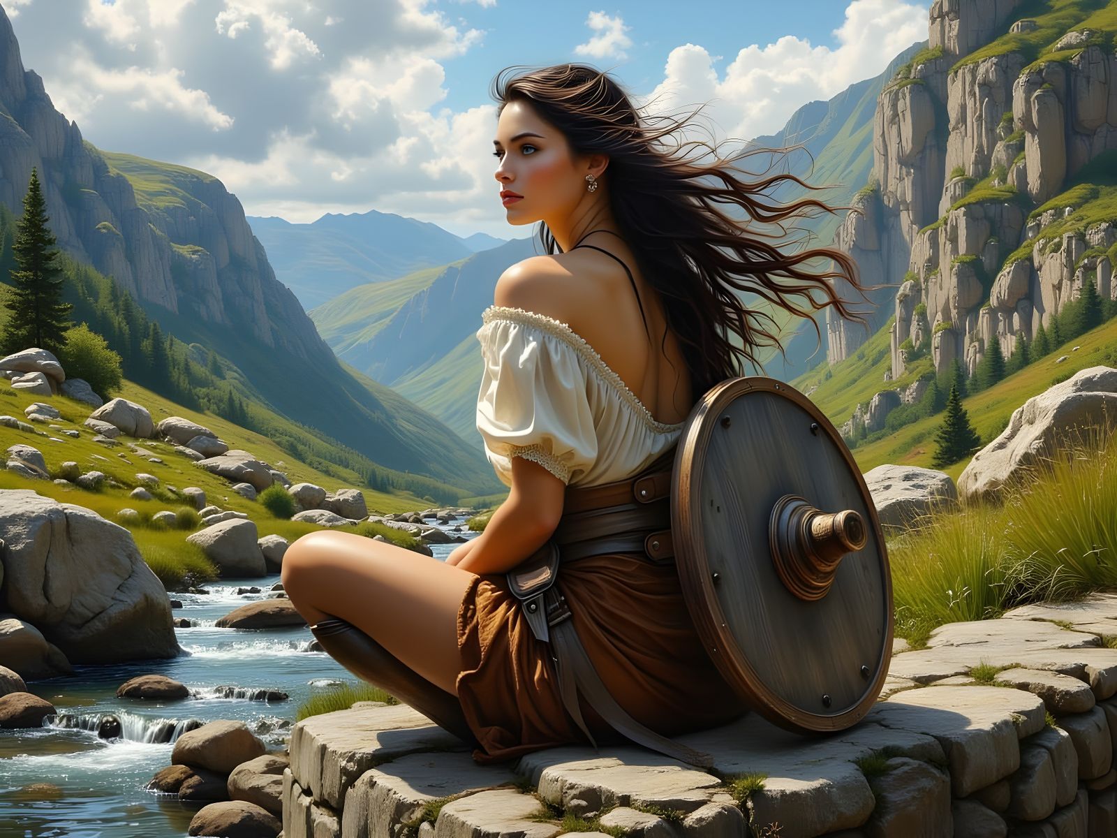 Norse Goddess on Stone Bridge as Oil Painting