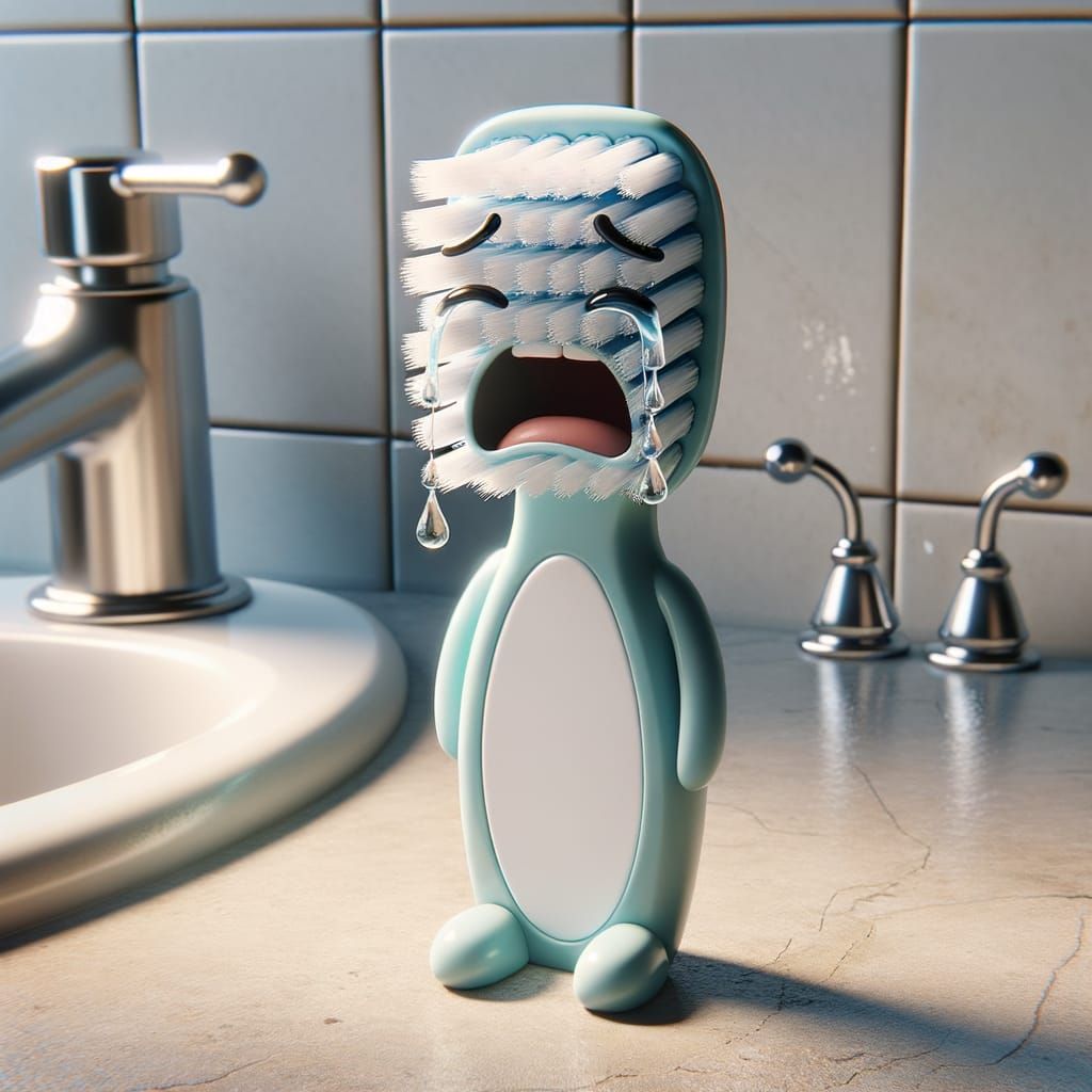 CGI Cartoon: Sobbing Toothbrush on Bathroom Counter