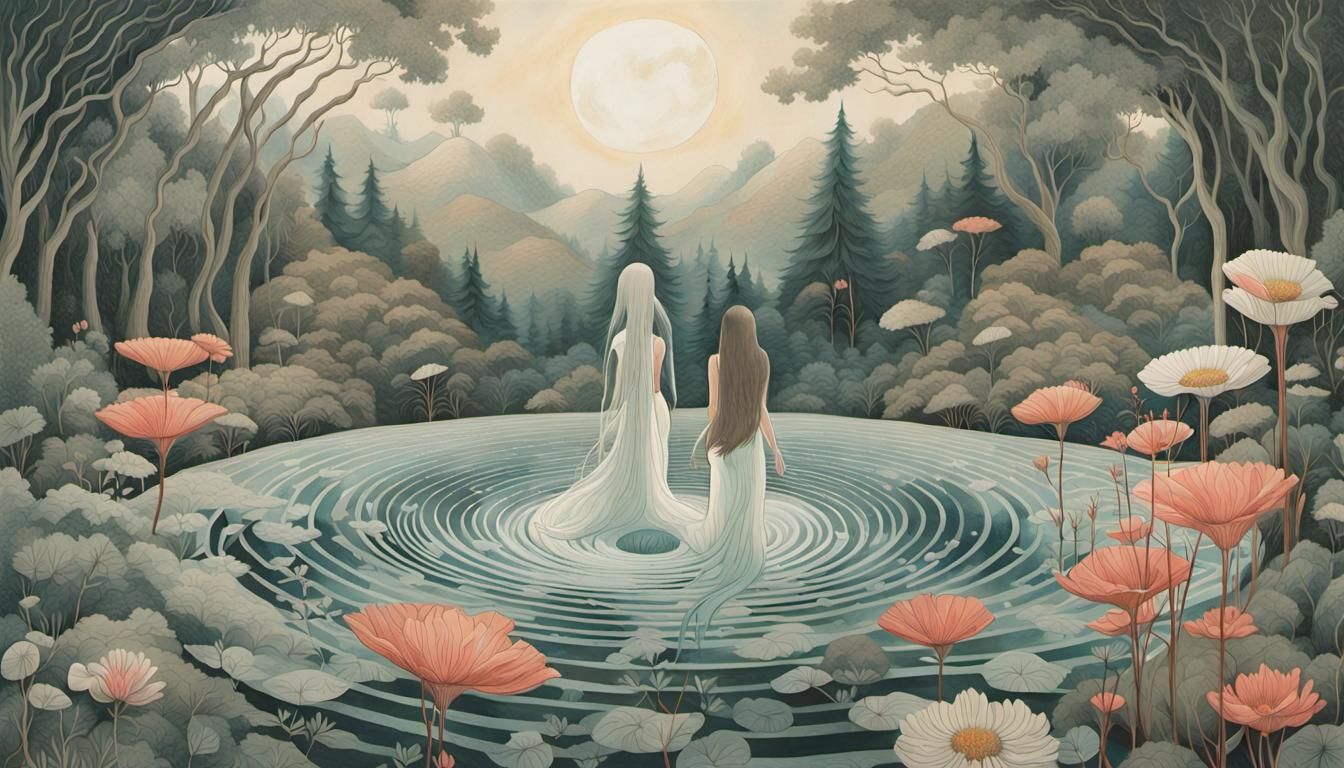 Woman with Flower in Etching Style with Forest