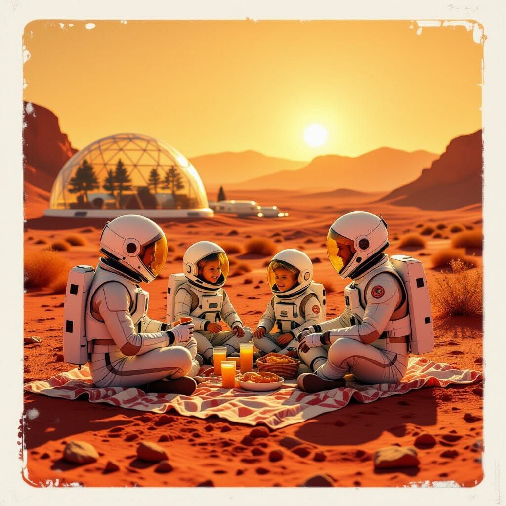 Nostalgic Family Picnic on Mars, Vintage Polaroid Style