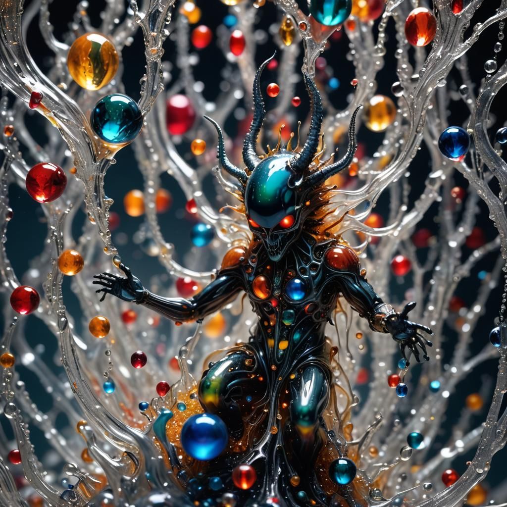 Surreal Satan Figurine in Exploding Plasma Dewdrops