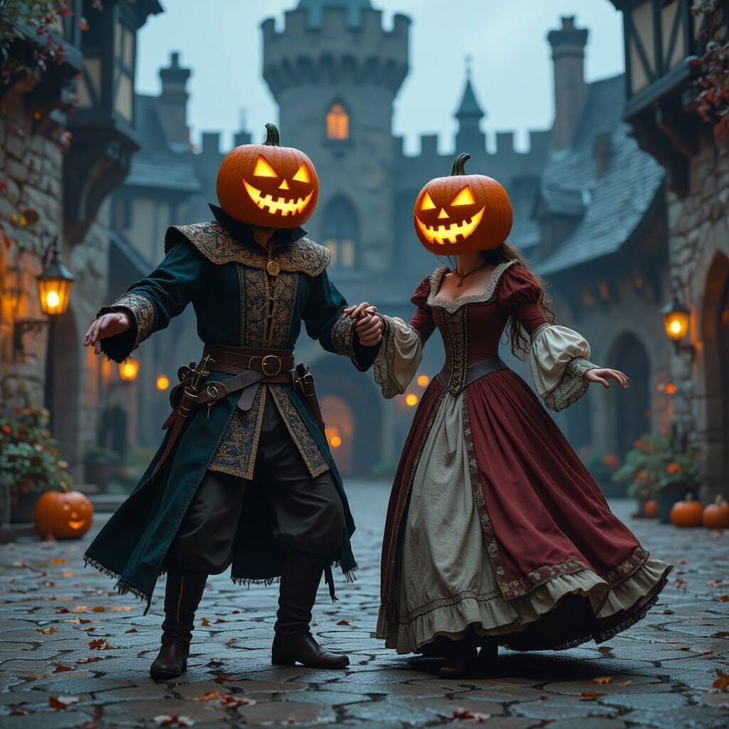 Medieval Couple With Jack-o'-Lantern Heads Dance