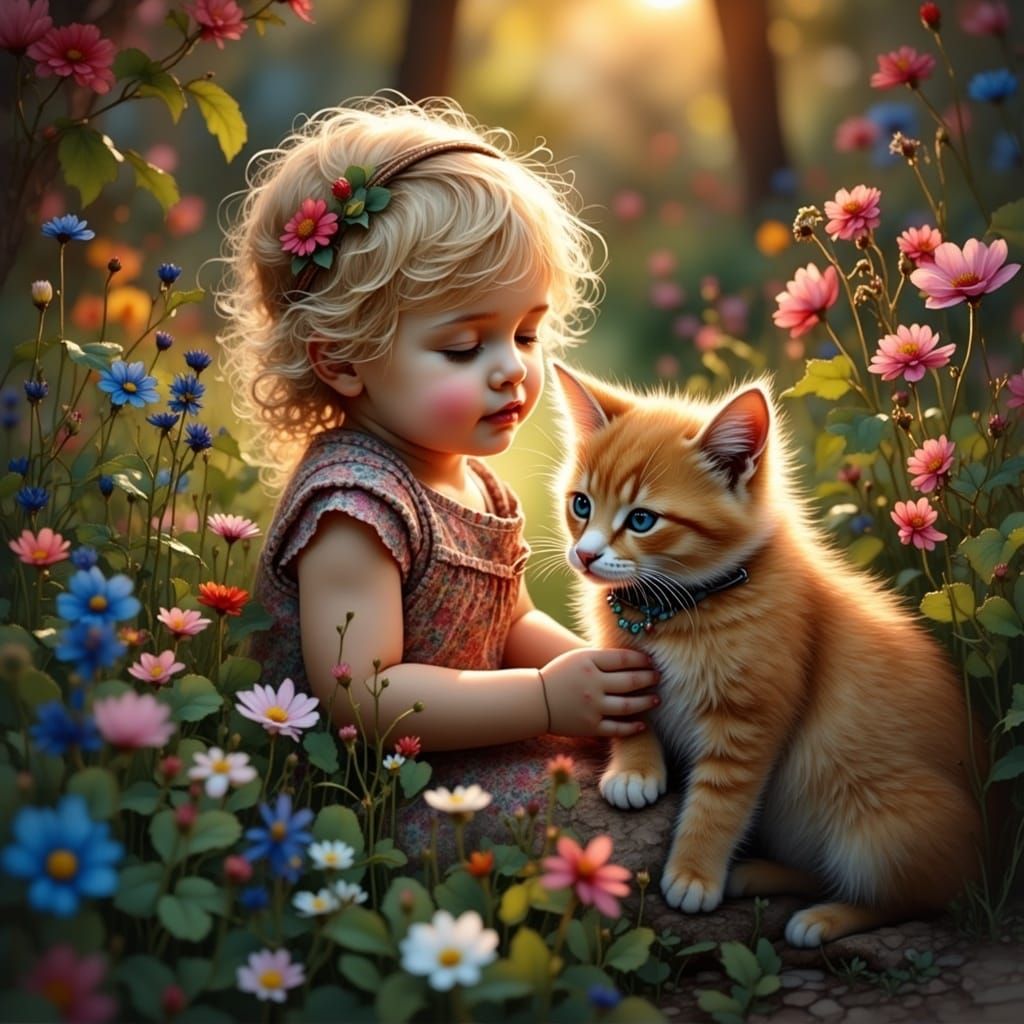 Whimsical Toddler in Dreamy Garden with Adorable Cat, in a F...
