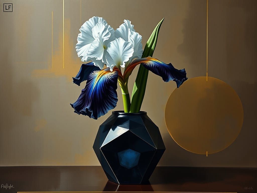 Goldenpunk Still Life with Geometric Vase and Fractal Iris
