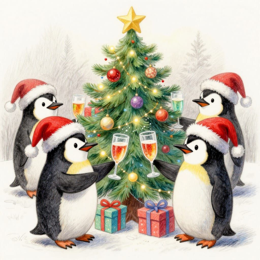 Penguins Celebrate Christmas Party in Charming Pencil Drawin...