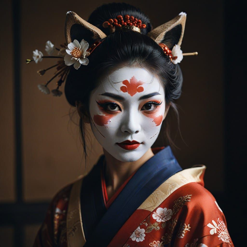 Asian Woman in Traditional Kimono with Fox Mask