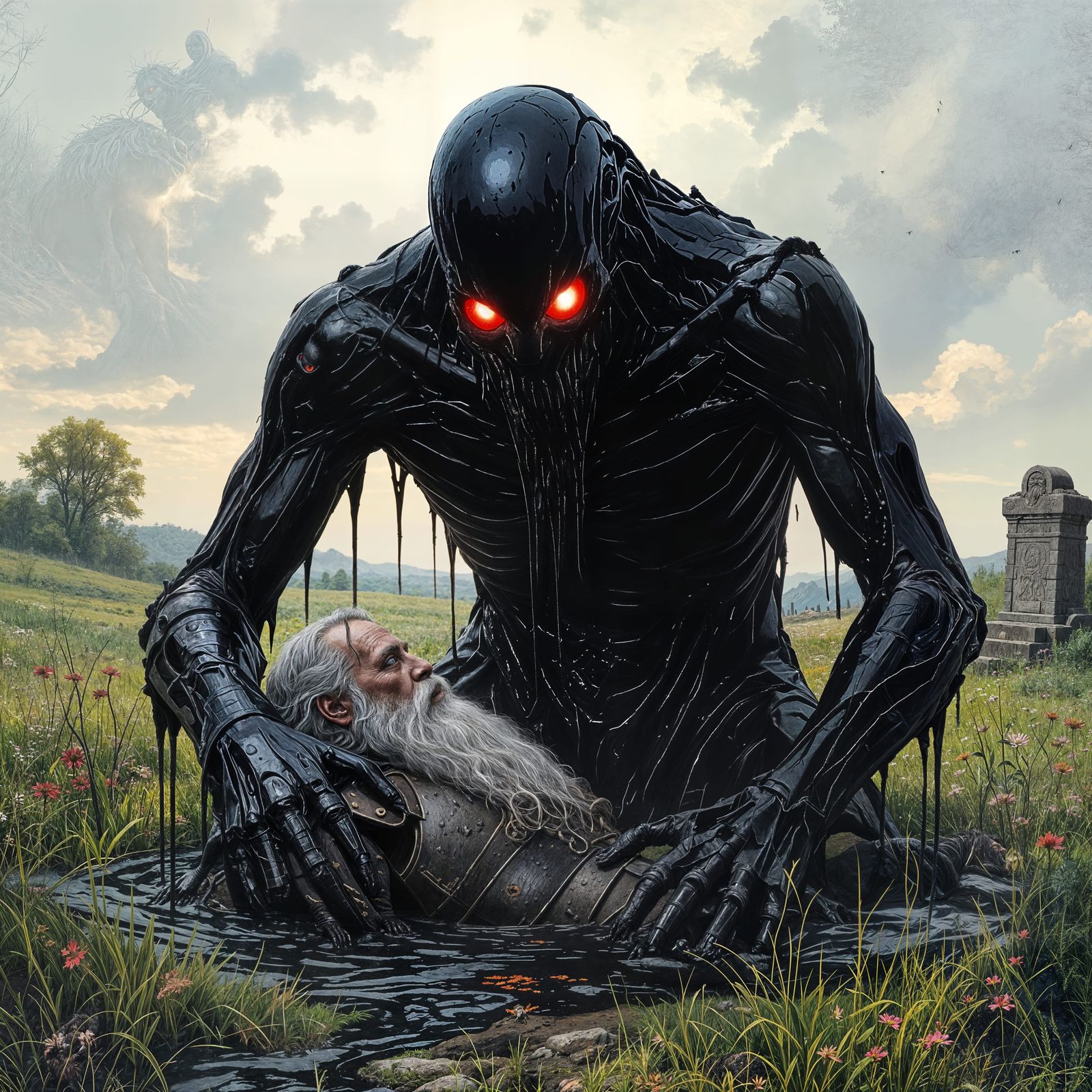 Oozing Tar Creature Abducts Armored Dwarf