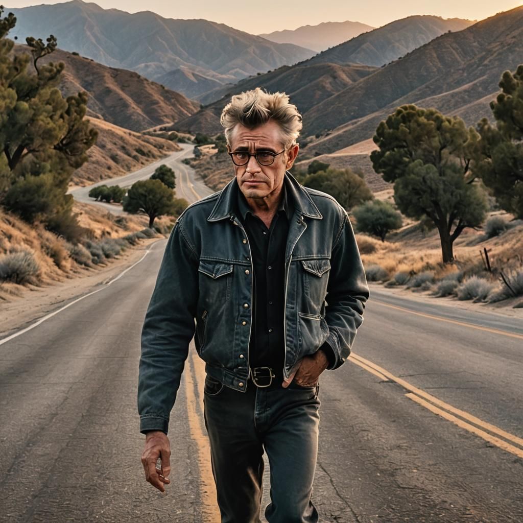 Grey-Haired Man on California Road at Dusk