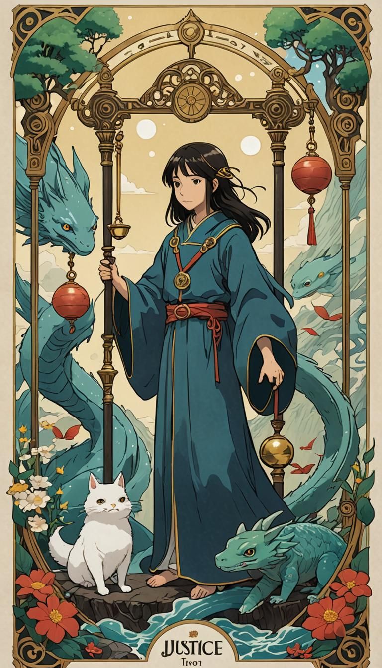Justice Tarot Card in Studio Ghibli Style