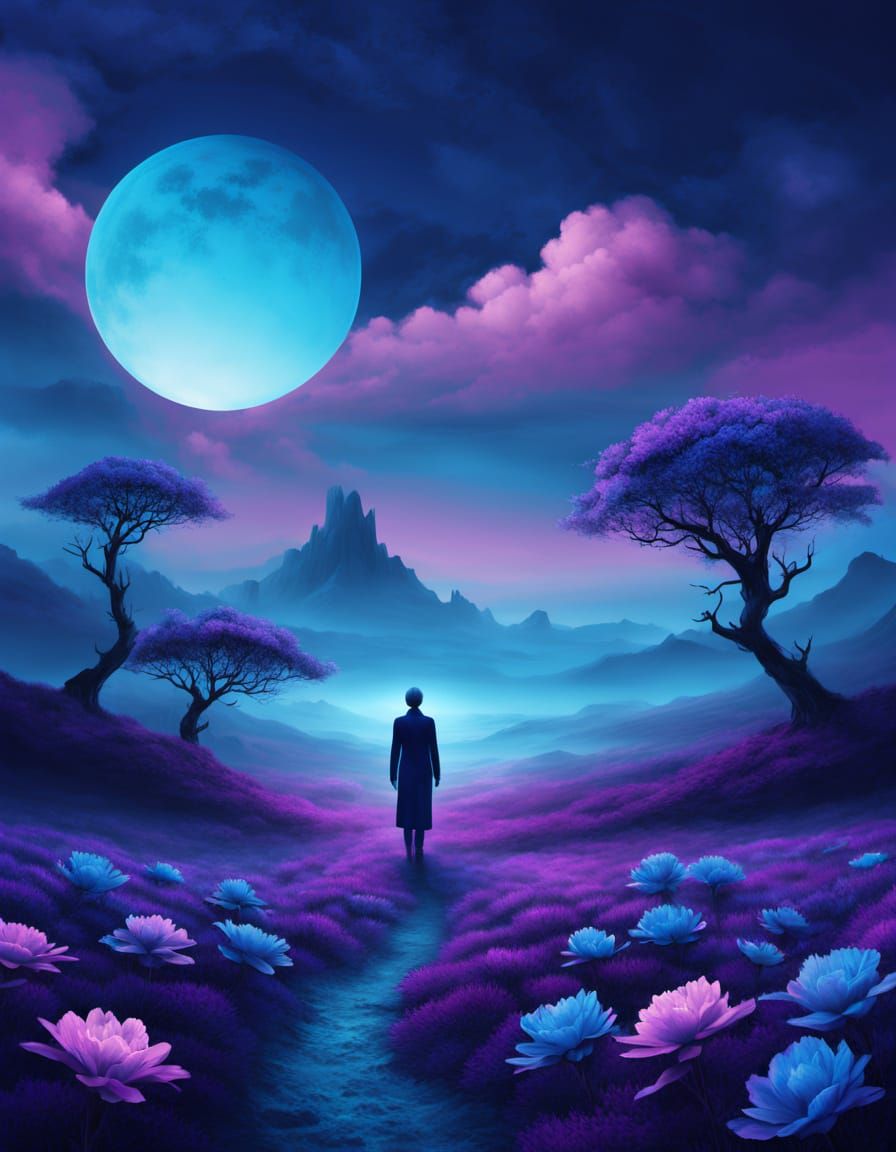 Surreal Figure in Ethereal Landscape with Geometric Flora