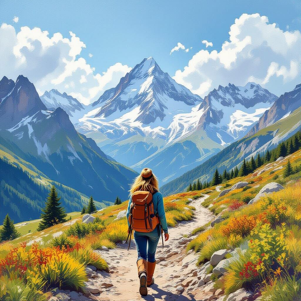 Hiker on Mountain Trail in the Alps