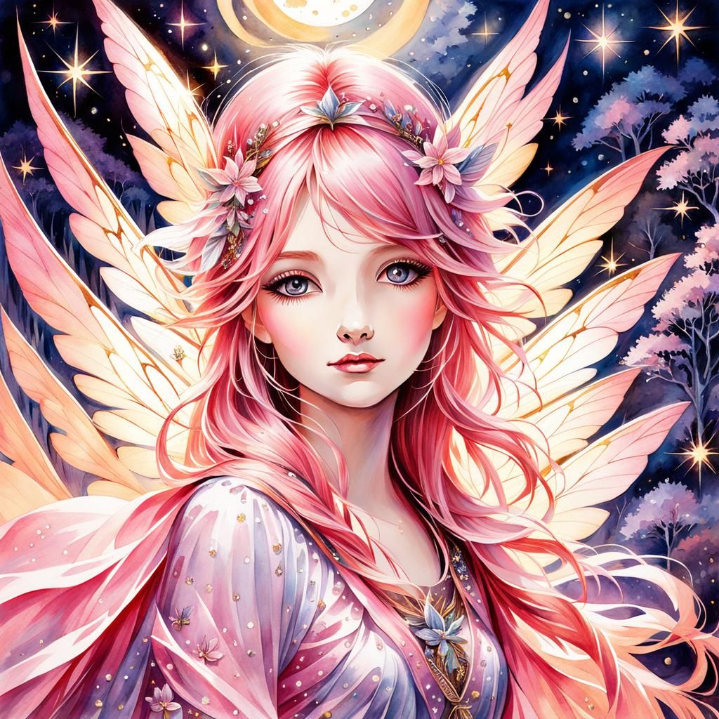 Pink Magical Fairy in Moonlit Mountain Scene