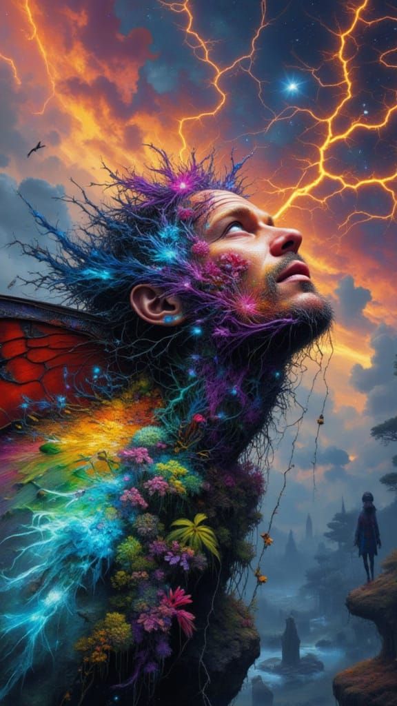 Surreal Man in Moth Costume Amidst Fractal Landscape