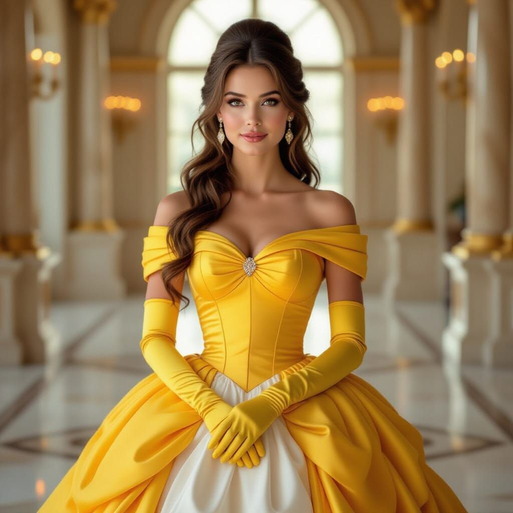 Belle in Yellow Ballgown, Palace Setting, Photorealistic